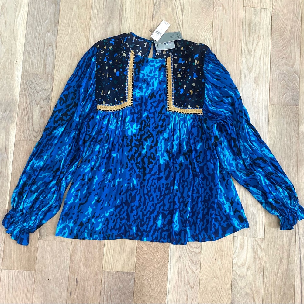 Anthropologie Blank London Miranda Peasant Blouse Sz Small Blue Leopard New